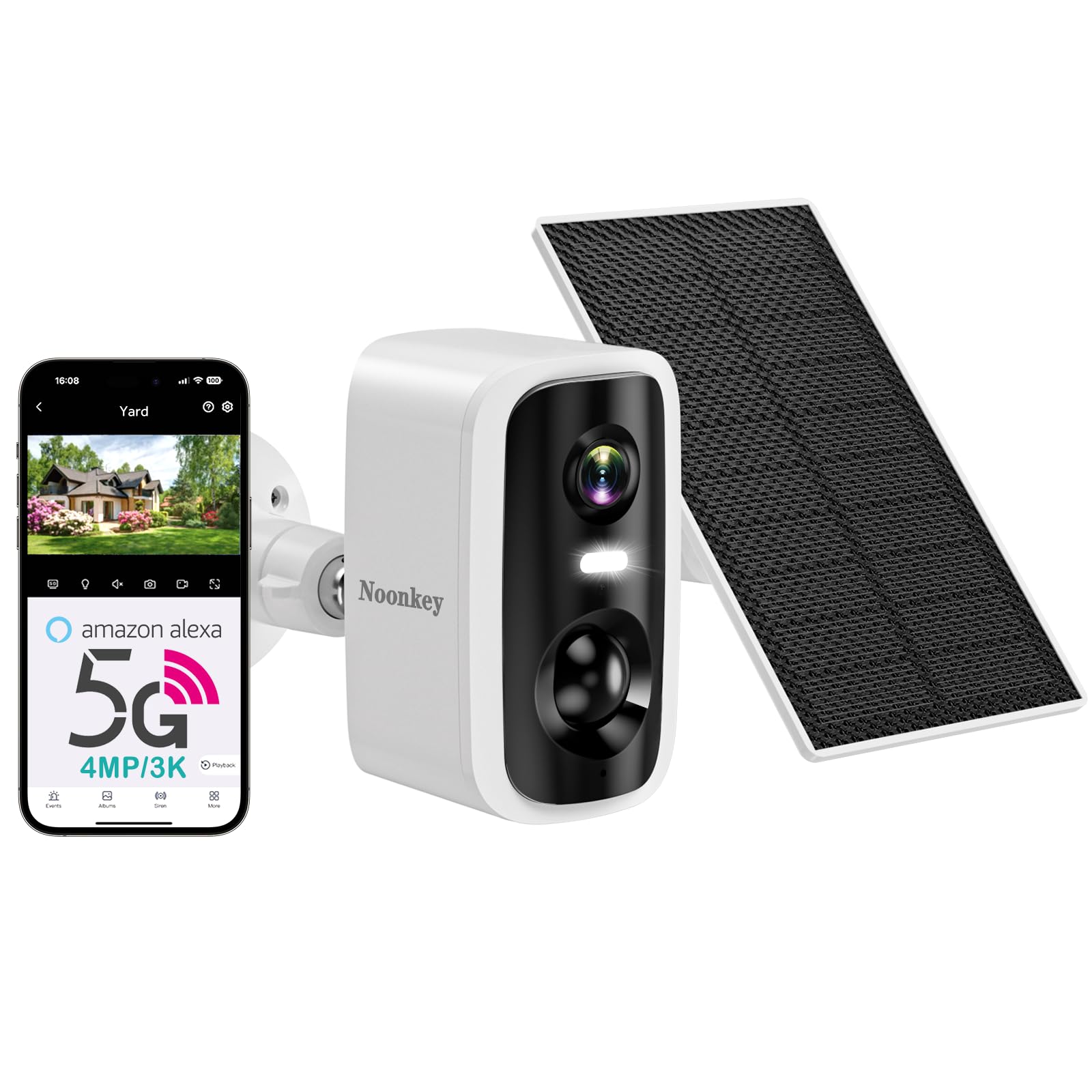 Photo 1 of Noonkey 4MP Solar Security Camera Outdoor, 5G&2.4GHz Wireless Rechargeable Battery Cam with Spotlight/Siren, AI Human Detection, Color Night Vision, 2-Way Audio, IP65 Waterproof, Alexa,No Power Needed