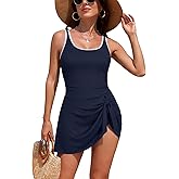 SHEKINI Women's One Piece Swimdress Swimsuits Tummy Control Swim Dresses Tie Knot Color Block Ribbed Bathing Suit Skirt