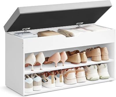 VASAGLE Shoe Bench with Cushion 3 Compartments 30x80x44 cm Cloud White Dove Grey