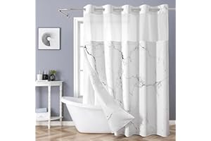Shellspace No Hook 3 in 1 Shower Curtain with Snap in Liner, Marble Shower Curtain Set with See Through Top Window, Machine W