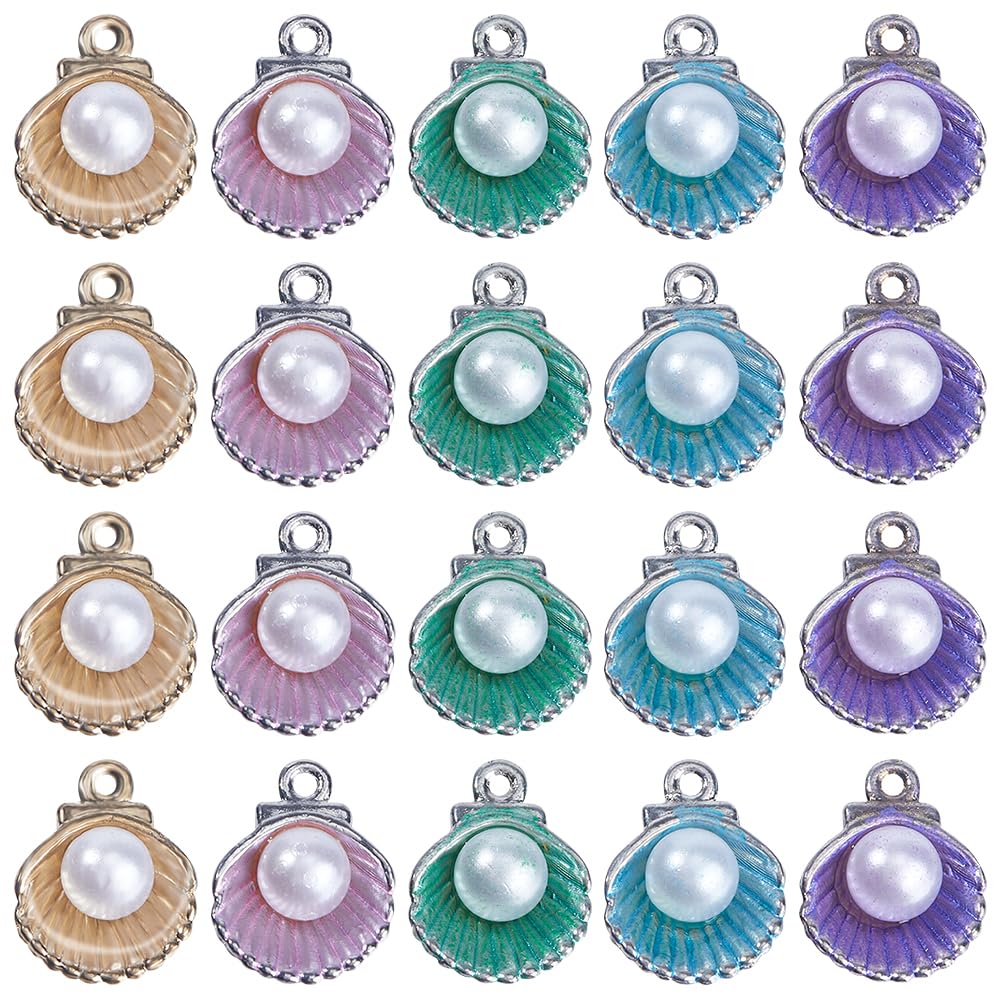 SUNNYCLUE 1 Box 50Pcs 5 Colors Clam Shell Charm Seashell Pearl Charms Alloy Enamel White Pearls Beads Conch Sea Shells Charm Bulk for jewellery Making Charms Women Wedding DIY Necklaces Earring Crafts