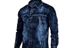 Men American Retro Denim Shirt Long Sleeve Washed Finish Double Pocket Design Lapel Collar Casual Outerwear Top