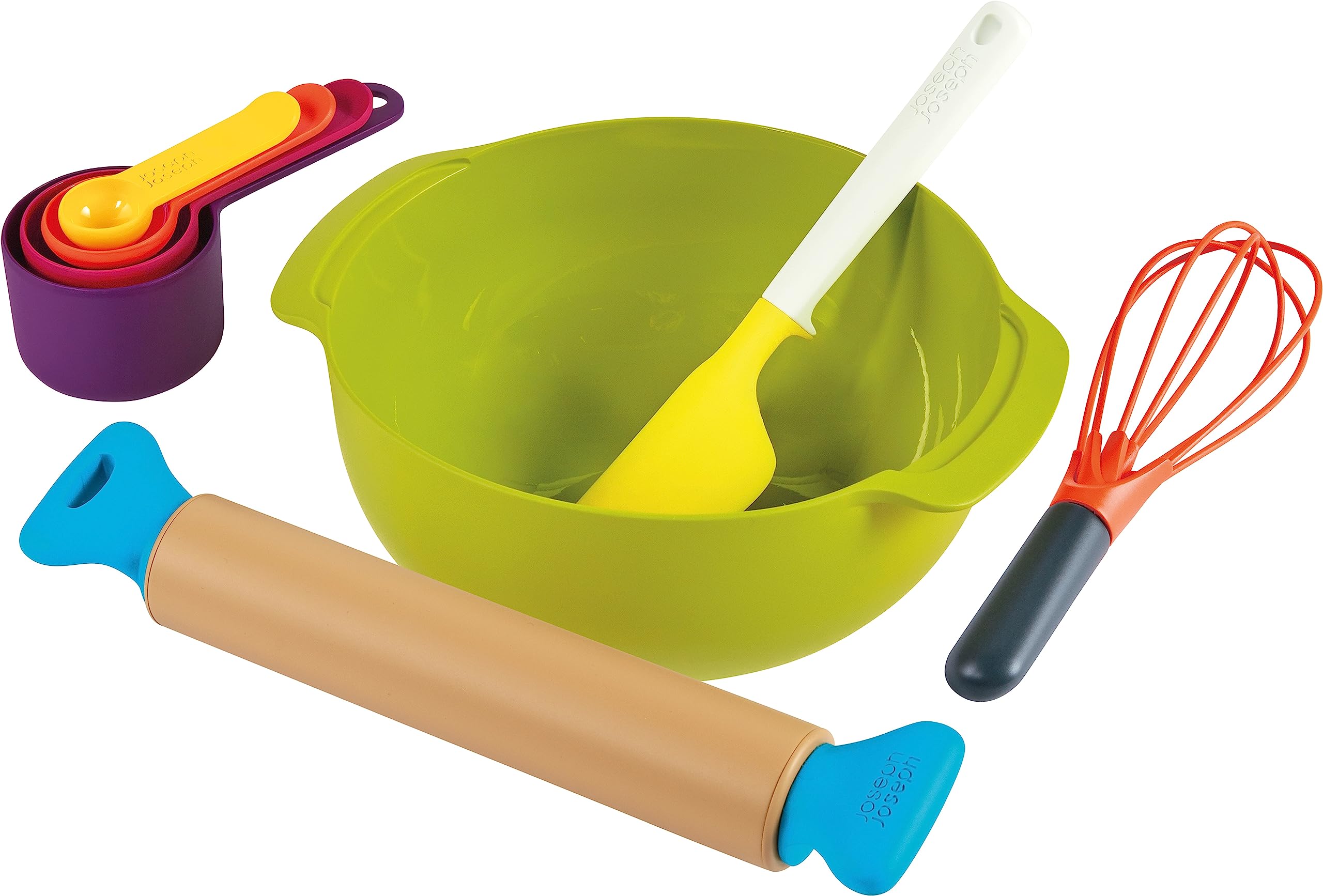 Casdon Joseph Joseph Toys. Bake Set. Toy Kitchen Playset for Kids with Easy-Grip Rolling Pin, Whisk, Measuring Cups, and Mixing Bowl for Real Baking. For Children Aged 3+