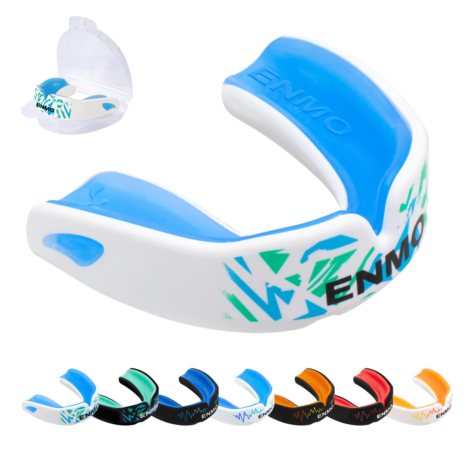 Enmo Maxilla Pro Gum Shield - Adult & Junior 10+ Mouth Guard with Case for Rugby, Boxing, Hockey and Contact Sports - Mouthguard with Boil & Bite, Breathing Channel Tech, Triple Layer - White/Blue