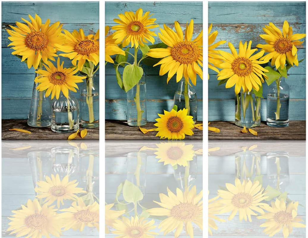 Amazon Com Sunflower Bathroom Decor Simple Life Rustic Wall Decor Vintage Vase Wooden Planks Sunflower Wall Pictures For Bedroom 3 Pieces Canvas Wall Art Flower Photo For Kitchen Wall Decor Gallery Wrapped Posters