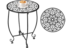 EVELOMO Outdoor Side Table,Outdoor Small Table,Weather Metal Resistant Steel Patio Side Table, Round Outside Table for Porch, Garden,Indoor&Outdoor,Black (Style D)