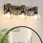 Farmhouse Bathroom Vanity Light Fixtures, 3-Light Wood Bathroom Light Fixtures Over Mirror, Rustic Vanity Lighting with Glass