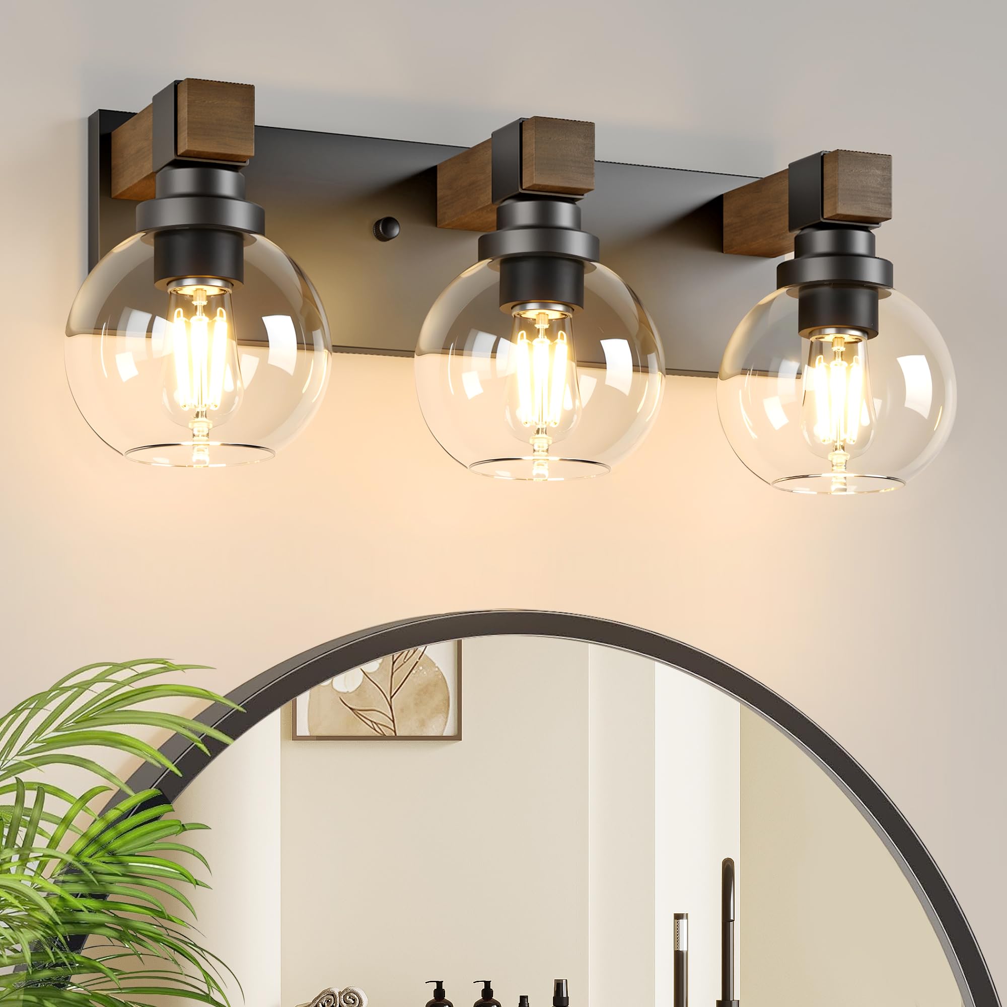 Photo 1 of Farmhouse Bathroom Vanity Light Fixtures, 3-Light Wood Bathroom Light Fixtures Over Mirror, Rustic Vanity Lighting with Glass Shade for Living Room, Bedroom, Hallway