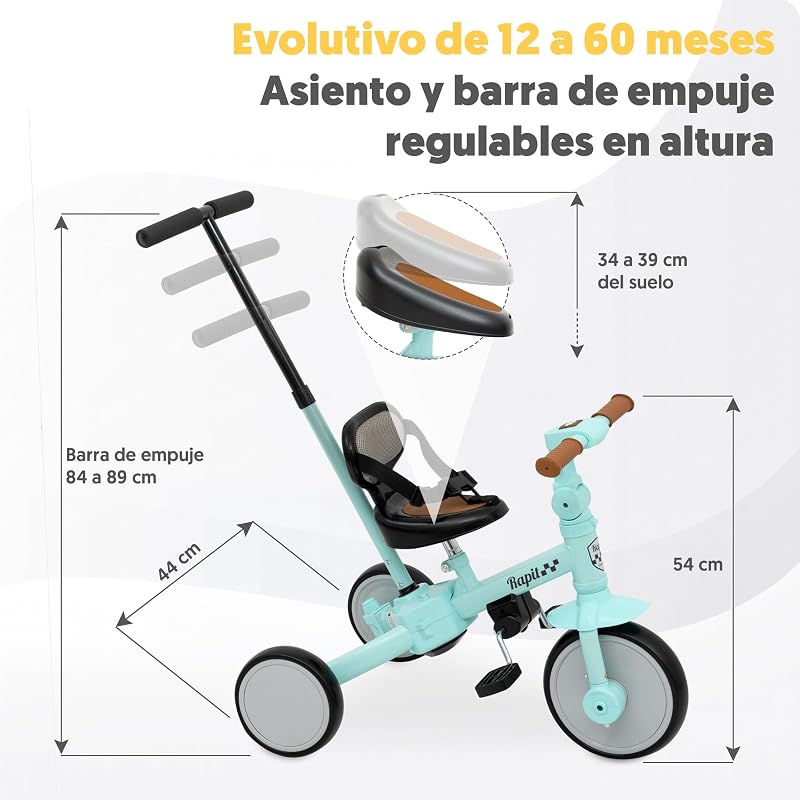 Triciclo Evolutivo Bebé 5-em-1 | Bebé Triciclo Descapotável de 1 Ano em Bicicleta Sem Pedais | Bicicleta de Bebé & Passeio 1-5 Anos | Ajustável, Transformável e Estável (Verde)