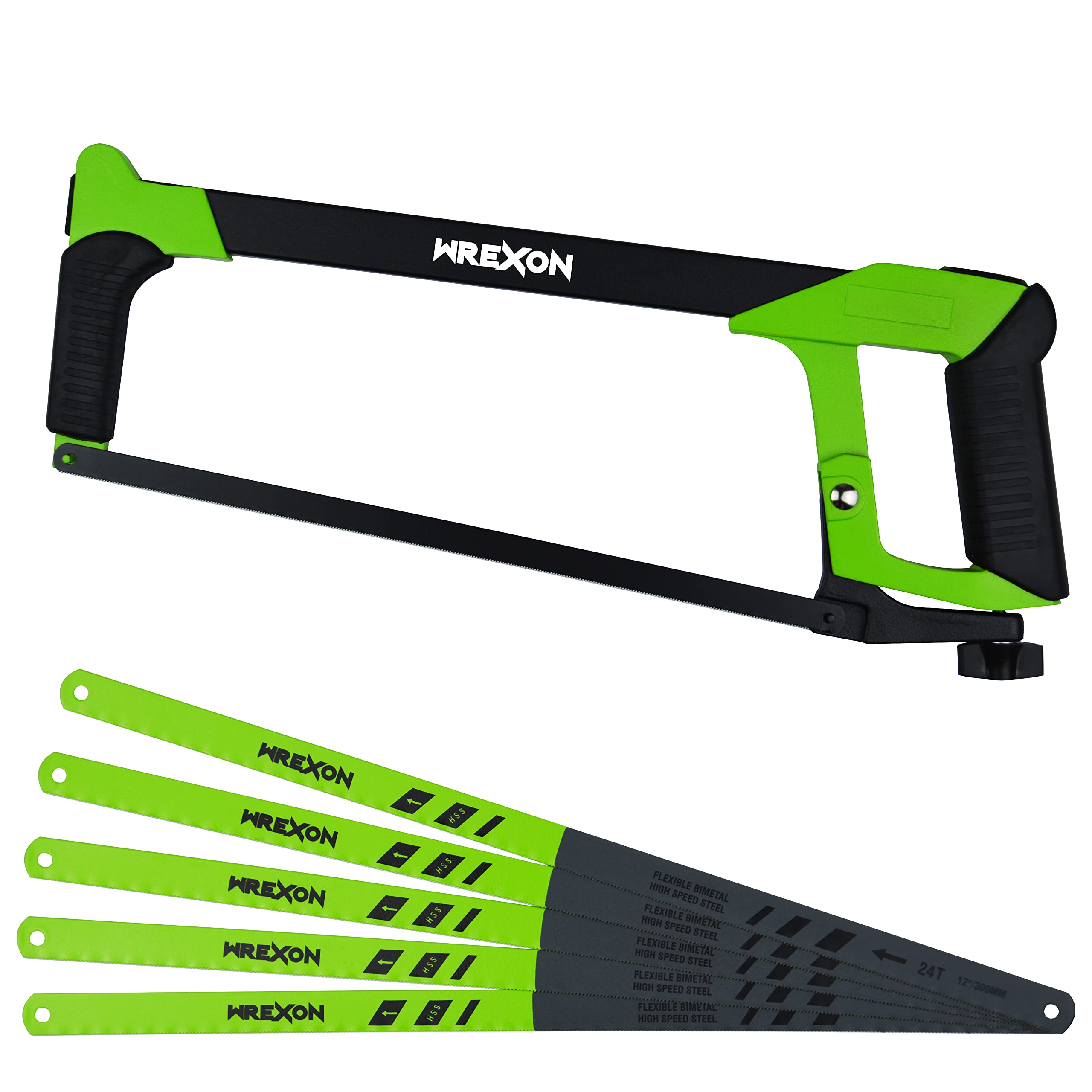 300mm long hacksaw with additional set of 5 bimetal blade, can be sawed at a 45° angle.