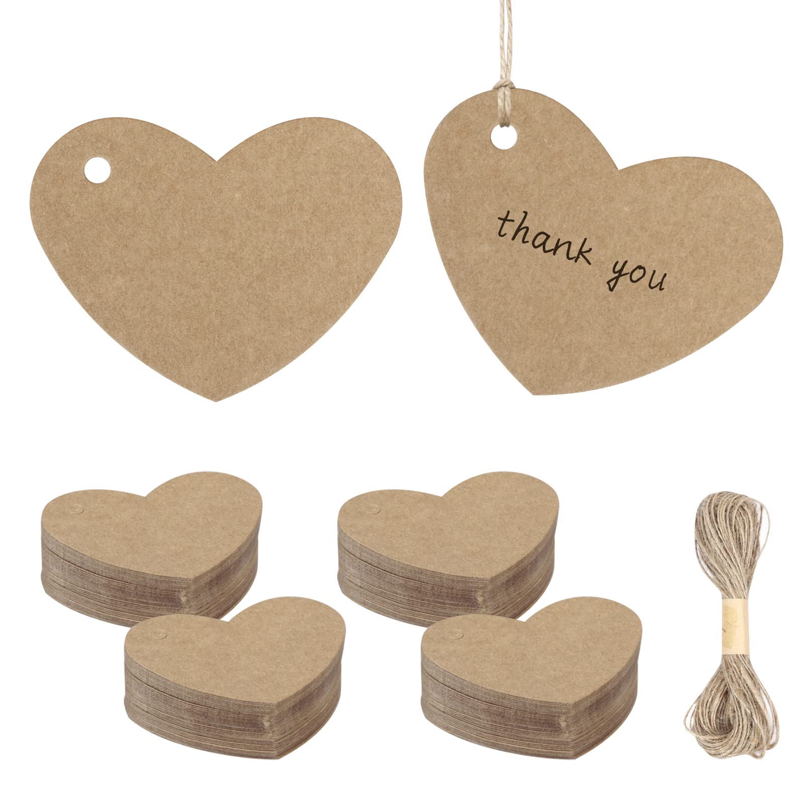HONMOK 150 Pcs Heart Shaped Cards Blank,Brown Kraft Paper Hearts Gift Tags,Hearts Hang Favors Lables with 10m Jute Twine for Arts & Craft Valentine's Day Wedding Party Supplies
