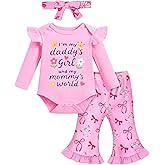 Lattlefnki Newborn Baby Girl Bell Bottoms Outfits Infant Baby Girl Clothes Sets Ruffle Romper + Cute Floral Pant + Headband