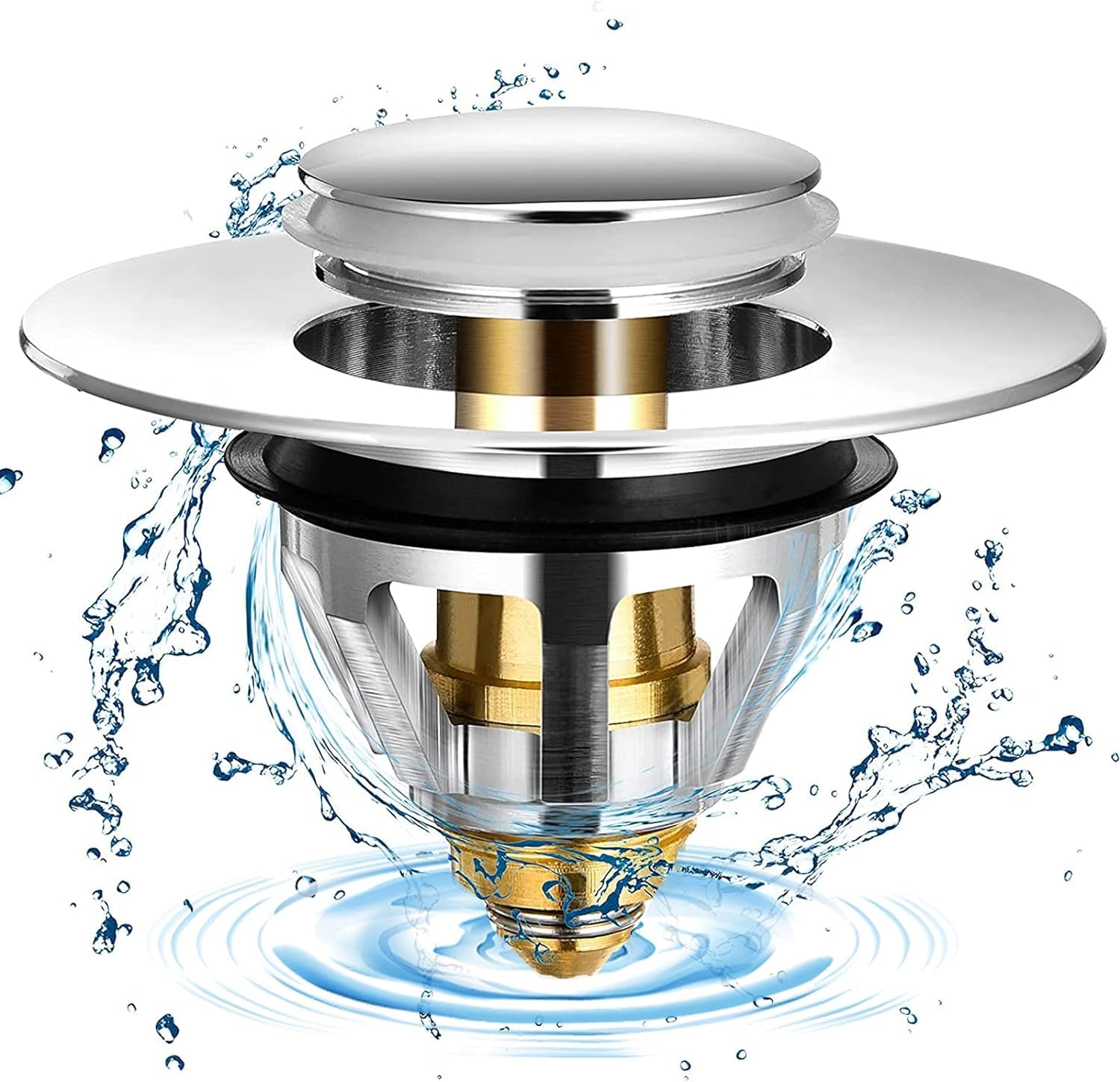 Sink Plug, Brass Universal Bathroom Sink Plug Replacement, Sink Stopper with Bounce Core, Sink Plug Strainer Stainless Pop up Bidet Plug for Bathtub, Kitchen, Basin fo 34-38mm