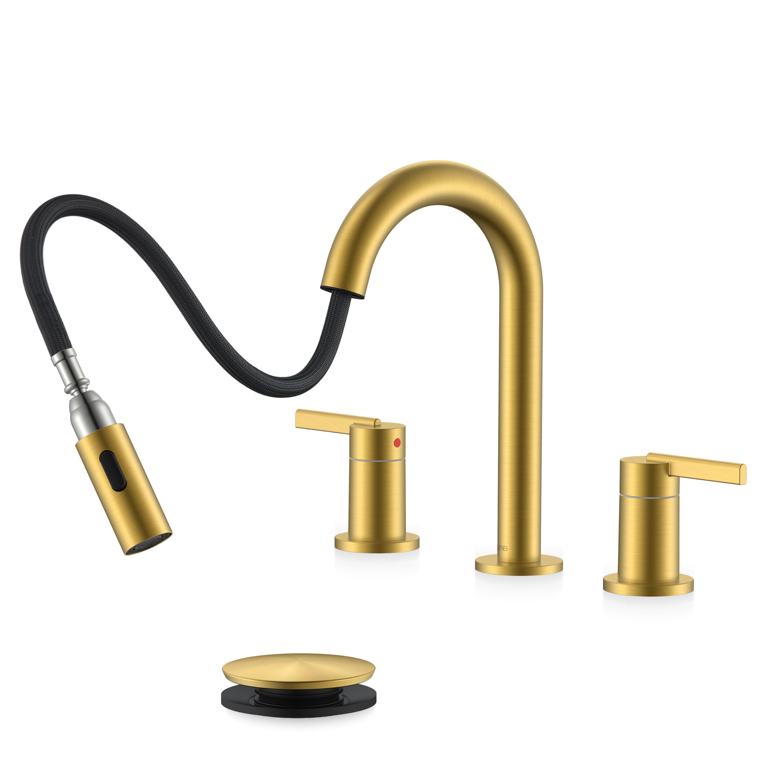 Photo 1 of KENES Brushed Gold Pull Out Bathroom Faucet, 8 Inch 2 Handle Widespread Bathroom Faucet 3 Hole with Pull Down Sprayer, Bathroom Sink Faucet with Pop Up Drain & Supply Lines LJ-9068-4