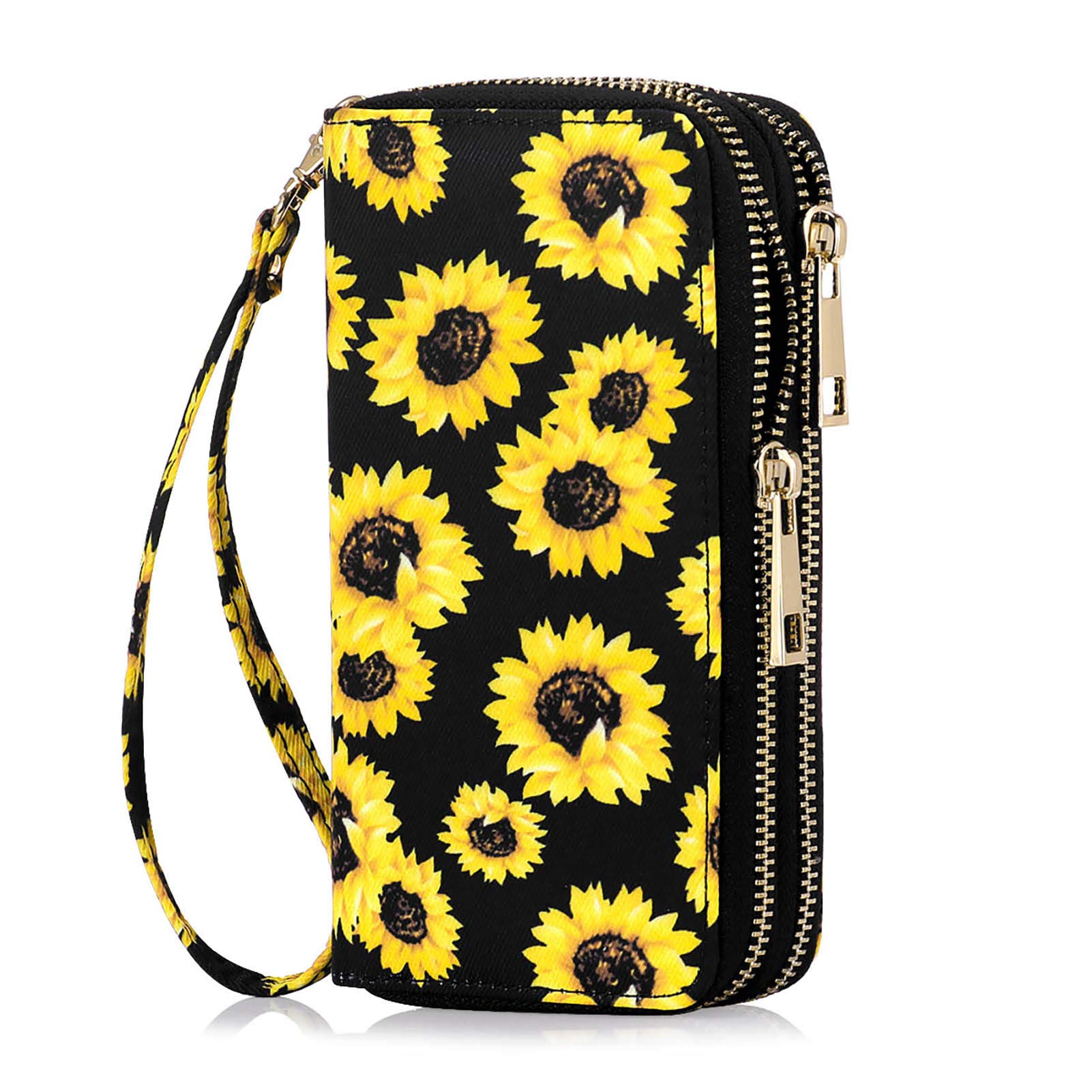 HAWEE Long Clutch Wallet for Women Dual Zipper Cellphone Holder Ladies Wristlet Purse with Multiple Card Slots for Coin Cash Bill (Sunflower)