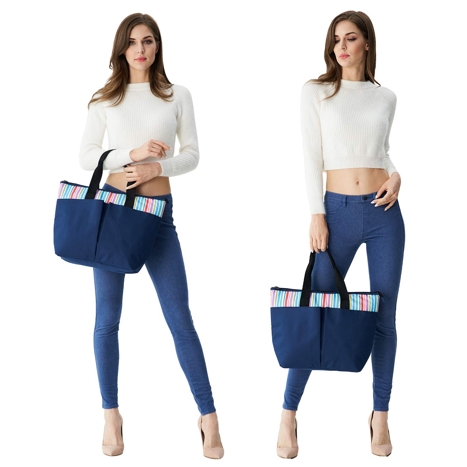 LEADO Insulated Lunch Box, Lunch Cooler Bag for Women Girls Reusable Large Capacity Lunch Tote Organizer Bag Handbag Meal Prep Thermal Bag, Striped Navy Blue