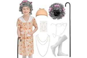 SunnyLisa Old Lady Costume for Kids - 100th Day of School Costume for Girls,Grandma Nightgown Granny Wig Old Woman Costume
