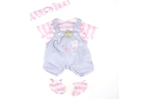 JC Toys | Berenguer Boutique | Baby Doll Outfit | Gray Overall Shorts with Pink Stripes | Includes Headband and Booties | Ages 2+ | Fits Dolls 14"- 16"