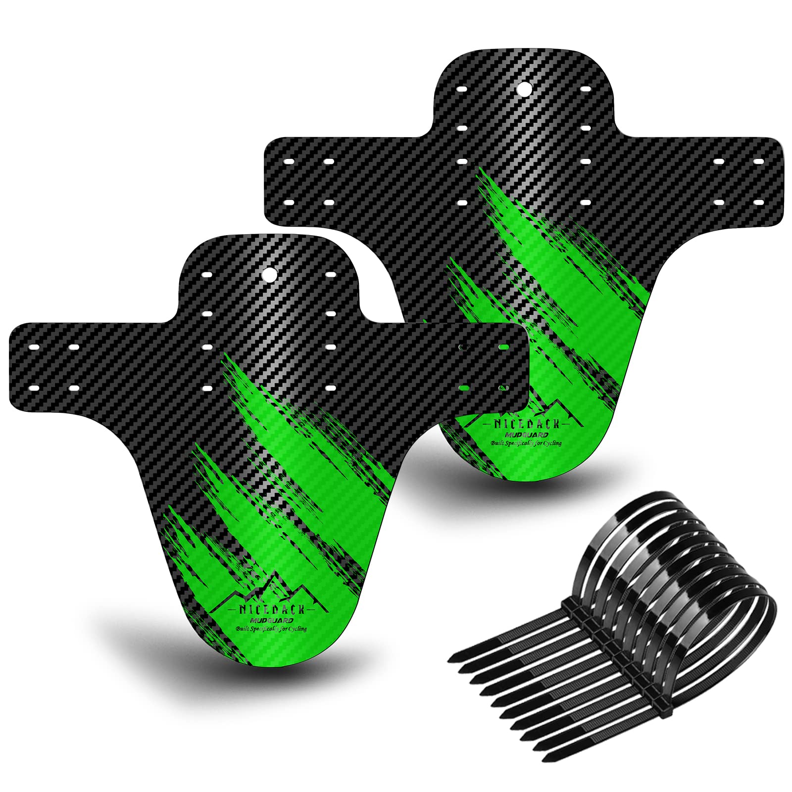 NICEDACK Bike Fender, MTB Mud Guard Front and Rear Compatible, Downhill Mountain Bike Mudguard Fits 650B 20" 26" 27.5" 29 inch and Fat Bicycle (Black Green, Small Carbon fiber embossing)