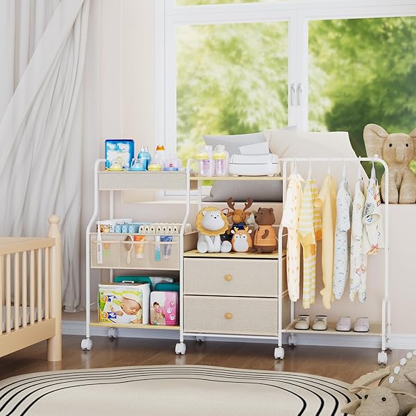 BBLIKE DIAPER CADDY ORGANIZER WITH HANGING RACK – 3 TIER ROLLING UTILITY CART WITH DRAWERS AND DIVIDERS FOR BABY BOTTLE STORAGE – BEDSIDE CART FOR CHANGING STATION, CRIB, NURSERY, BEDROOM, BEIGE