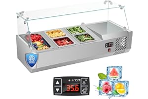 Mojgar ETL Certified 40 inch Sandwich & Salad & Pizza Bar Refrigerator Countertop,304 Stainless Steel Food Prep Table Station Fridge,Commercial Condiment Cooler with 1/3 Pan*1 & 1/6 Pan*4,Glass Guard