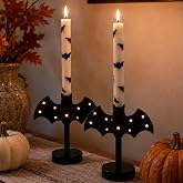Flameless Bat Candle Holders for a Safer Halloween Glow with LED Taper Candles and Remote Control Timer, Black Bat Shaped Holders with Star Cutouts for Mantel Entryway Shelf Party (2)