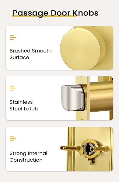 GOLDENWARM GOLD PASSAGE DOOR KNOBS, ZINC-ALLOY HEAVY DUTY CLOSET DOOR KNOBS, BRUSHED GOLD DOOR KNOB FOR HALLWAYS CLOSETS (6 PACK)