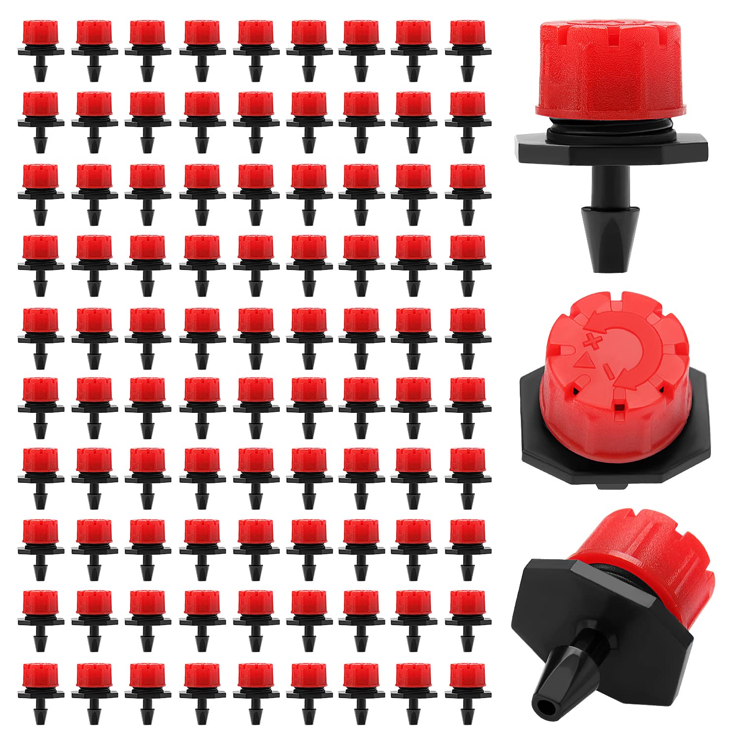90 PCS 1/4 Inch Adjustable Irrigation Dripper Sprinklers, VooGenzek Micro 8-Hole Emitter Drippers for Irrigation System, Anti-clogging Watering Sprinklers for Garden, Lawn, Greenhouse, Red