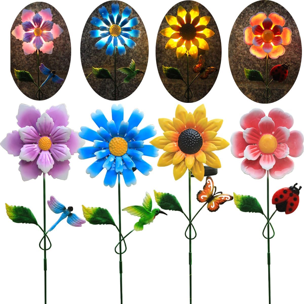 Decorative Garden Stakes - Solar Garden Stakes Lights for Outdoor Decor, 4 Pack Waterproof Metal Art Stick Flowers, Light for Outside Garden Patio Pathway Yard Backyard Porch Lawn
