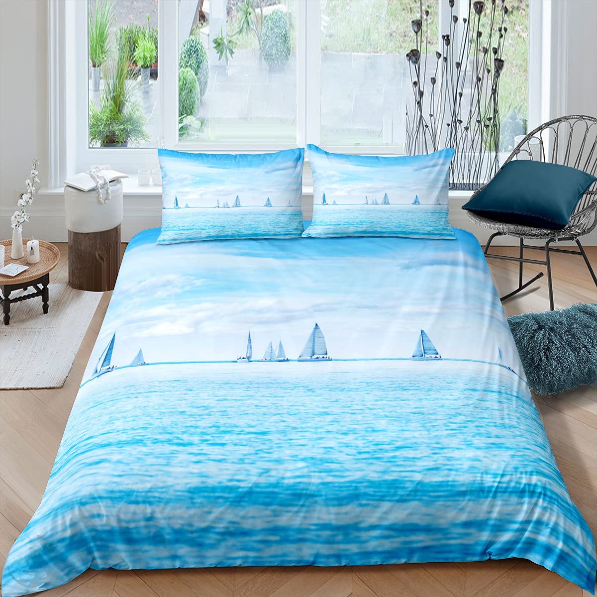 feelingyou Blue Ocean Theme Duvet Cover Set,Kids Sailboat Print Bedding Set King Size,Nautical Theme Comforter Cover for Teen Boys Girls Adult,Sky Clouds Quilt Cover with 2 Pillow Cases(No Comforter)