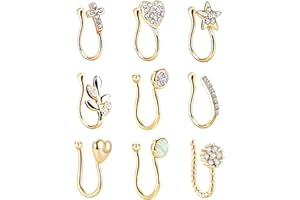 Masedy 9Pcs Fake Nose Rings Hoop Clip On Faux Setump Cartilage Tragus Ring Non Piercing Jewelry