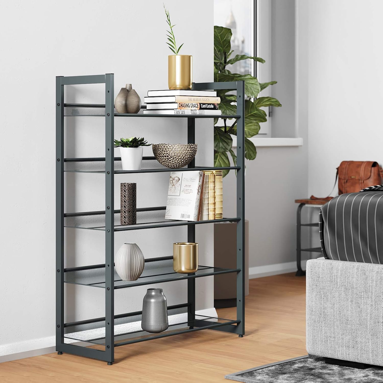 SONGMICS Shoe Rack, 5-Tier Stackable Shoe Storage Shelf, Metal Shoe Organiser with Adjustable Flat or Angled Shelves - Image 4