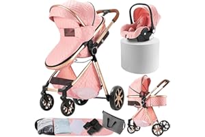 Nine point nine 3 in 1 Baby Stroller Travel System Combo Set, Reversible Infant Stroller with Aluminum Frame, Convertible Toddler Newborn Pram Carriage of One-Click Folding (MGV9-PINK Without Base)