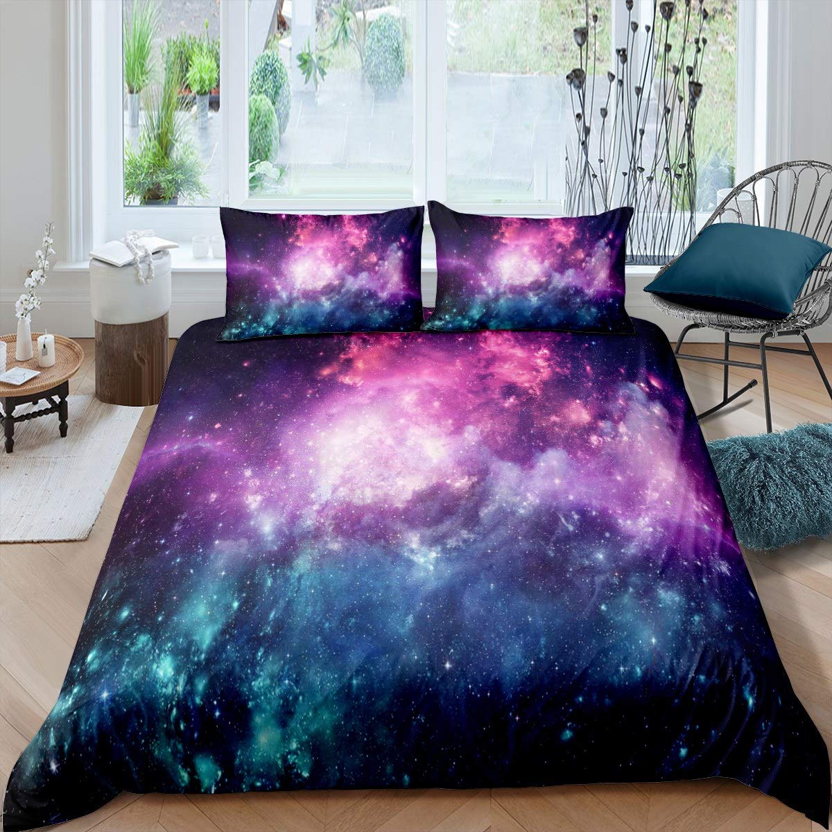 Galaxy Bedding Set, Girls Boys Kids Teen Comforter Cover, Outer Space Duvet Cover Galaxy Stars in Space Celestial Astronomic Planets, Decorative Soft Bedclothes Blue Purple Double Size