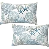 Tebjh Nautical Coastal Throw Pillow Covers 12x20 Set of 2, Beach Themed Ocean Seashell Coral Starfish Couch Lumbar Pillow Cover Outdoor Sofa Cushion Cover for Bedroom Living Room
