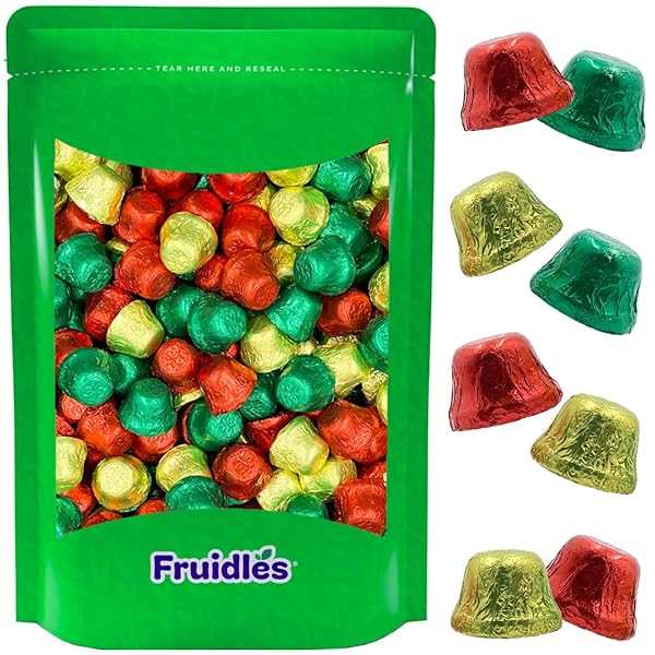 FRUIDLES CHRISTMAS BELLS CHOCOLATE, MILK CHOCOLATE PARTY BAG FILLERS, INDIVIDUALLY WRAPPED FOILS, RESEALABLE BAG, KOSHER CERTIFIED DAIRY (1 POUND)