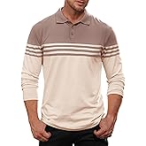 VOGSTART Men Casual Striped Polo Classic Long Sleeve Regular Fit Shirts (S-2XL)