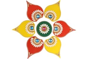 ARTISENIA Handmade Deepak Red Acrylic Diwali Rangoli with Laxmi Charan Pagla | Floor & Table Diwali Decoration with Studded Stones & Sequins | Traditional Festive Home Door Rangoli Décor (Multi)