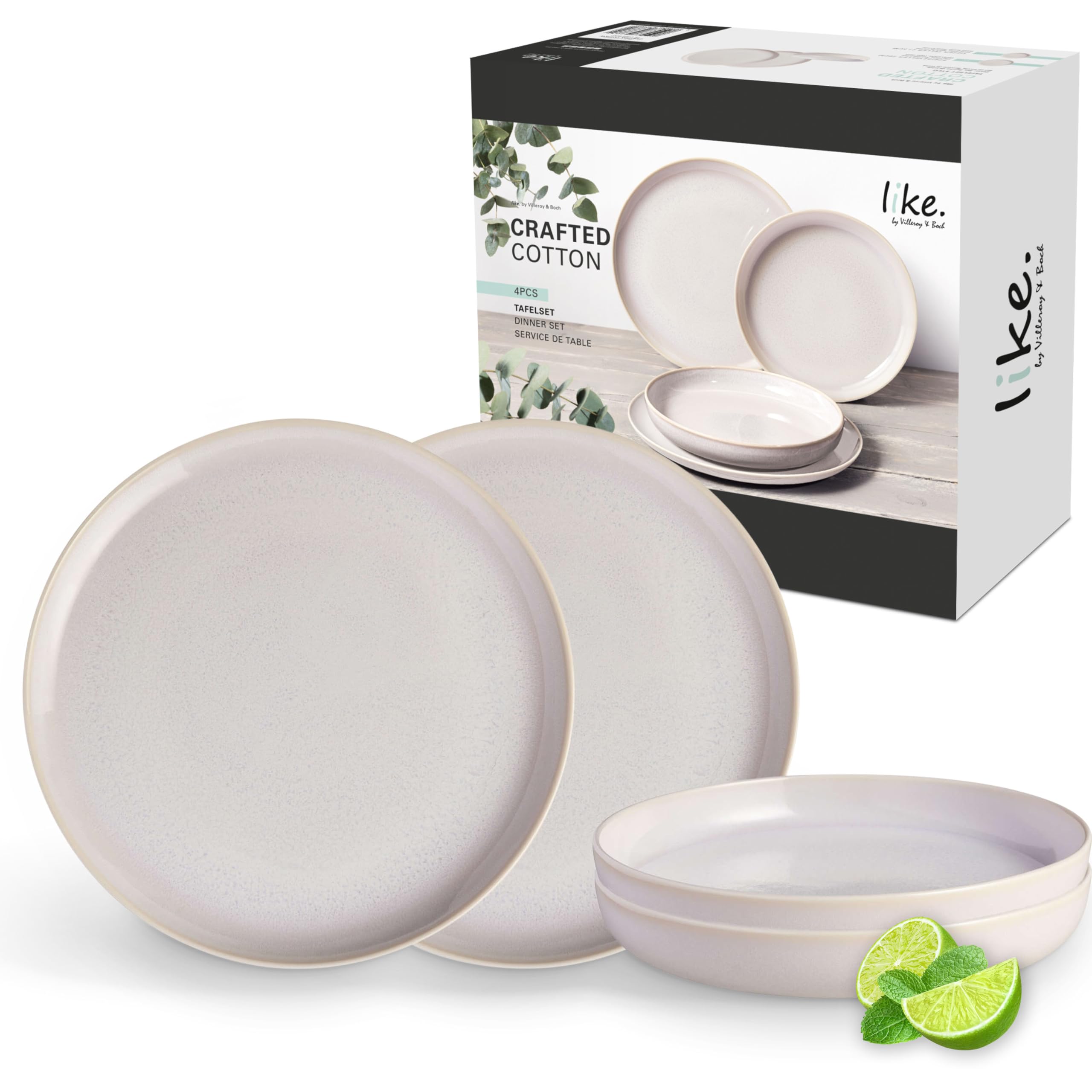 Like. by Villeroy & Boch - Crafted Cotton, 4-Piece Dinner Set, Premium Porcelain, Dishwasher-Safe, Microwave-Safe, Plate, Dinner Plate, Ceramic Crockery, Crockery Set, Tableware, Set