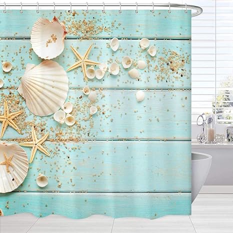 cortinas de playa para ducha decoracion de conchas de mar estrellas de mar en verde azulado tabla de madera cortina de ducha de bano impermeable