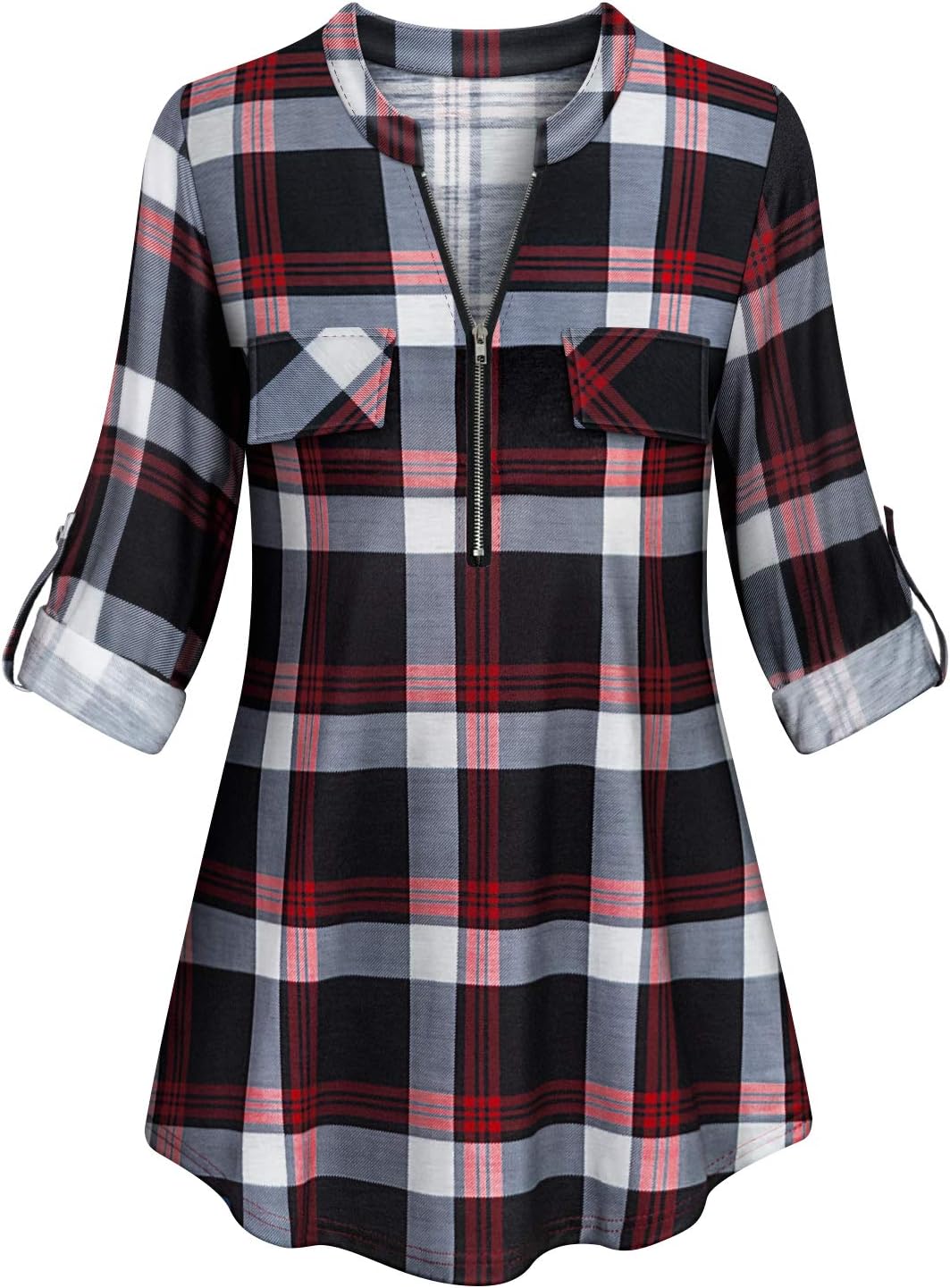 Tanst SkyWomens Casual Long Sleeve Zipped V Neck Plaid Tunic Blouses
