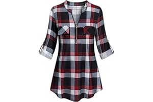 Tanst Sky Womens Casual Long Sleeve Zipped V Neck Plaid Tunic Blouses