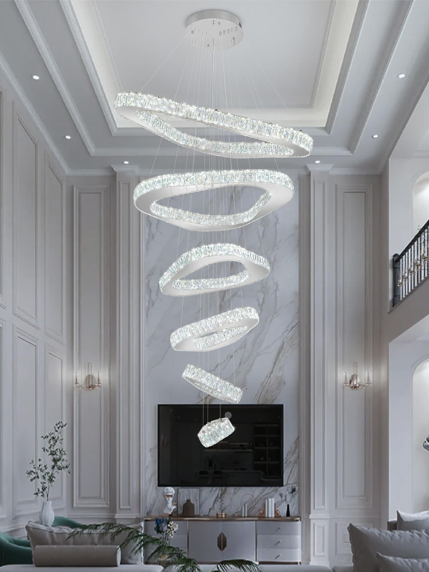 Photo 1 of ** BRAND NEW ITEM/ HARDWARE INCLUDED** Shial Lighting Modern Crystal Chandeliers for High Ceiling 6 Ring Chandelier LED Silver Ceiling Lights Fixtures High Ceiling Chandelier for Foyer Staircase Living Room Dining Room 2700K-6000K
