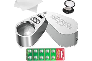 HMKIS 40X Jewelers Loupe, Full Metal Illuminated Jewelry Loop Magnifier, Pocket Folding Magnifying Glass with 10 Backup Batteries, for Currency Detecting, Coin, Diamonds, Gems, Jewelry, Stamps Close Work