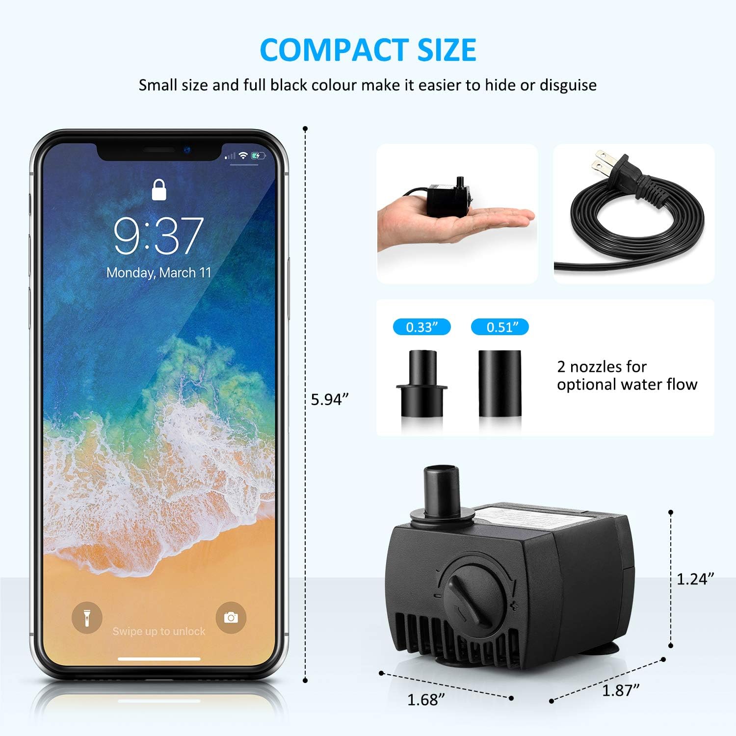Homasy 80 GPH (300L/H, 4W) Submersible Water Pump, Ultra Quiet For Pond, Aquarium, Fish Tank Fountain, Powerful Water Pump with 5.9ft (1.8m) Power Cord : Submersable Fountain Pump With Cord : Pet Supplies