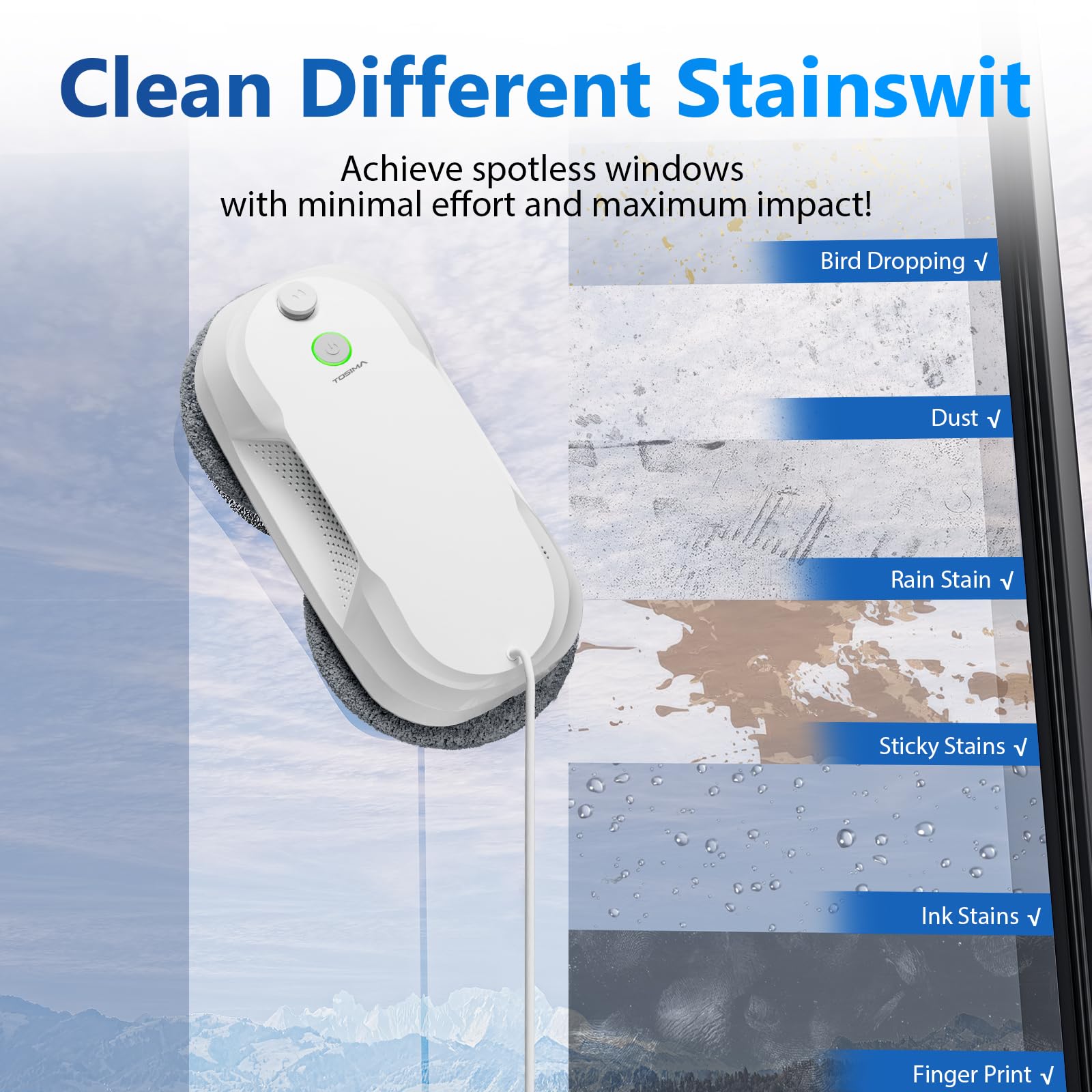 Tosima W5 Robot Limpiacristales, Limpiacristales Inteligente con Pulverización Automática de Doble Dirección con Triple Sistema de Seguridad, Navegación Inteligente, Control Remoto, para Todas Las Superficies Lisas, con 8 Trapos, Blanco