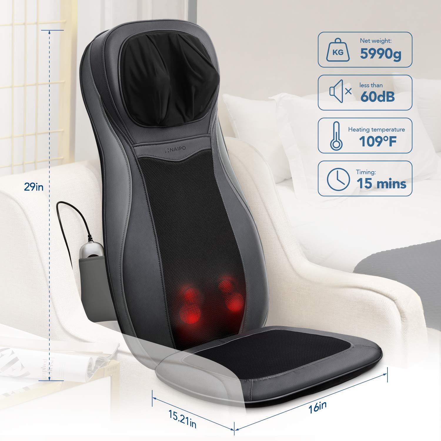 Naipo Back and Neck Massager Shiatsu Massage Chair Seat Cushion with