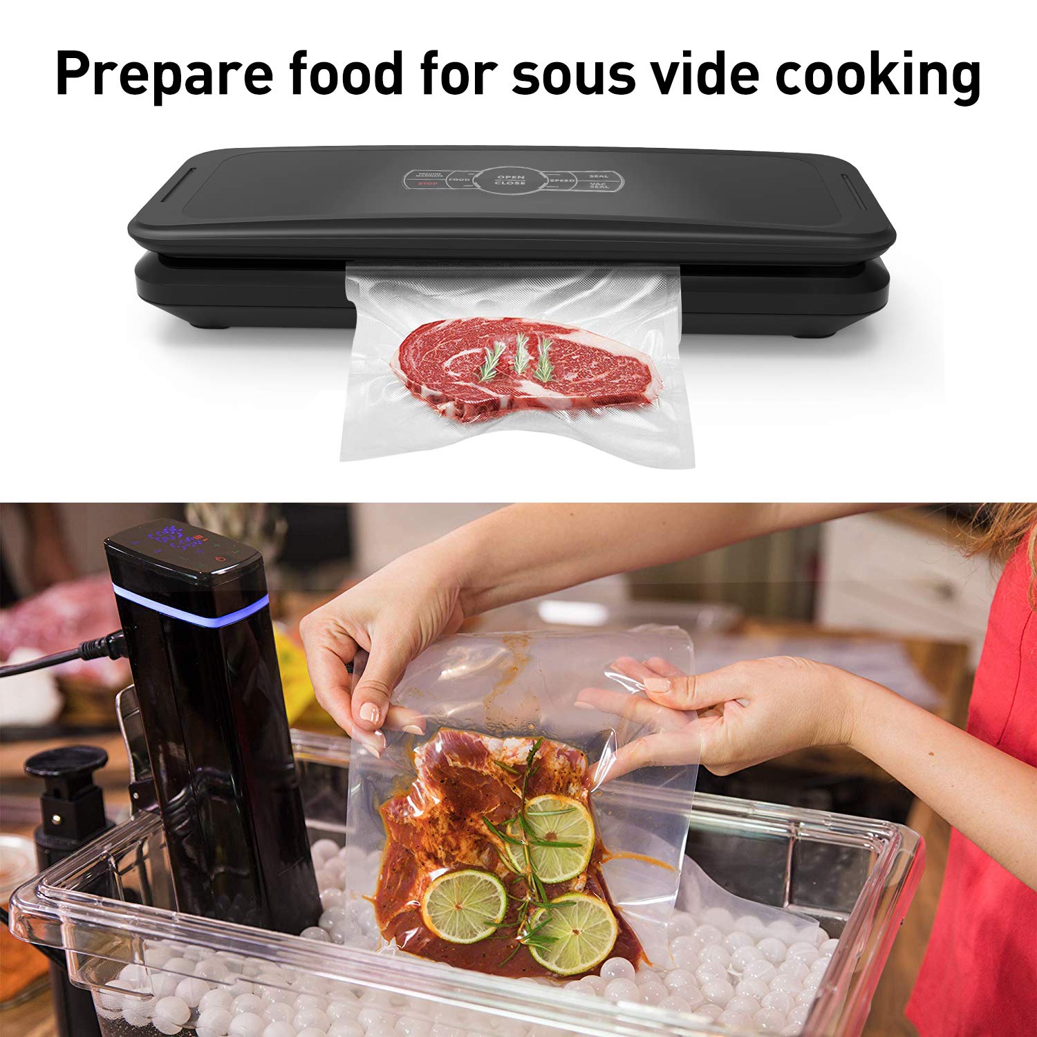 Food Vacuum Sealer Machine Full Automatic Vacuum Air Sealing System w/ Wine Stopper and Vacuum Sealer Bag Starter Kit for Food Preservation,Quick Marinate and Sous vide, Dry & Moist Modes, Safety Certified