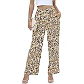 NILOUFO Women Summer Casual High Waist Wide Leg Pants Fashion Lightweight Flowy Boho Beach Palazzo with Pockets