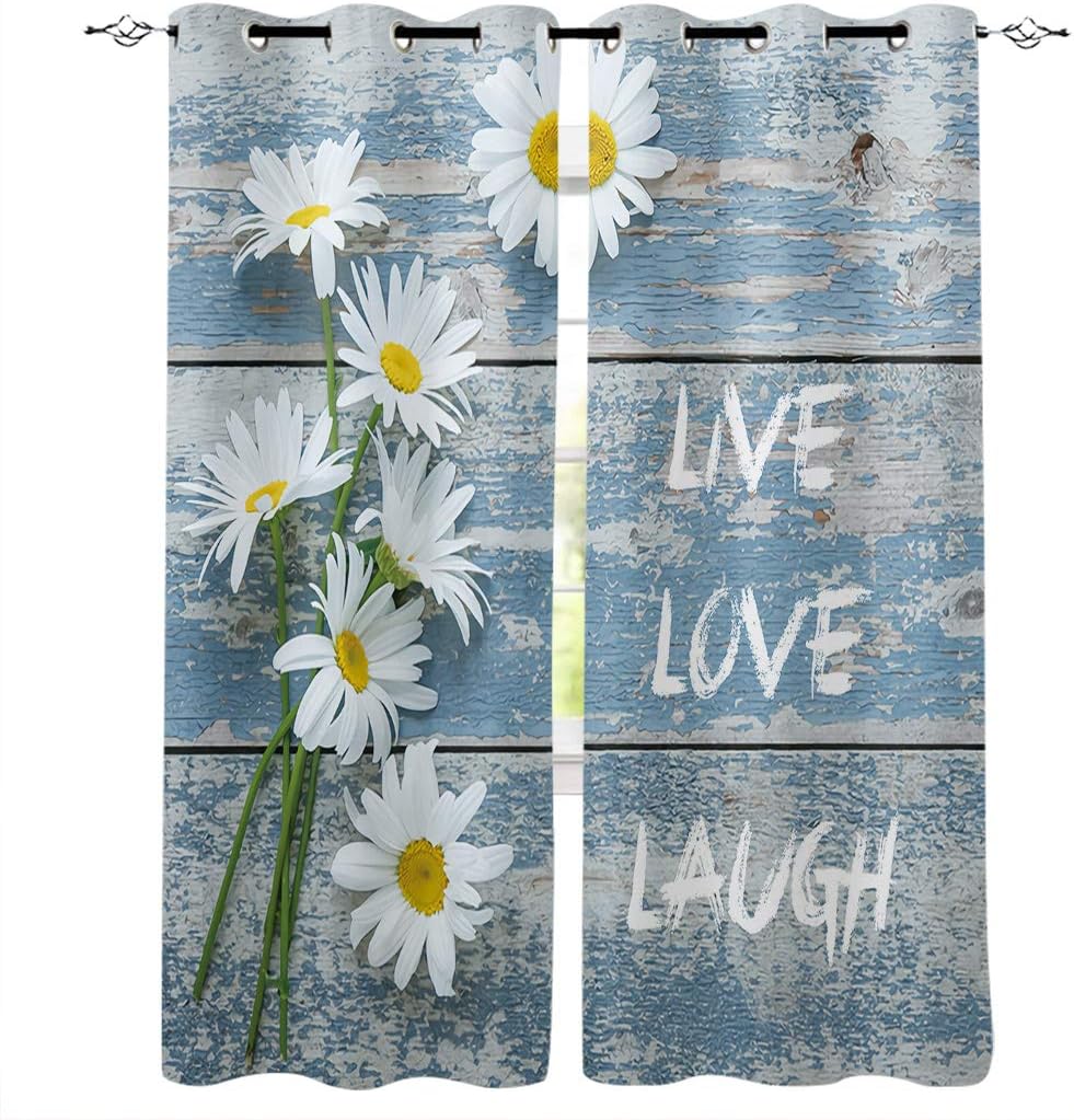 Decorative Window Curtain 2 Panels, White Daisy Live Love Laugh Printed Home Decor Drapes with Grommets Windows Treatment Rustic Blue Wood Planks